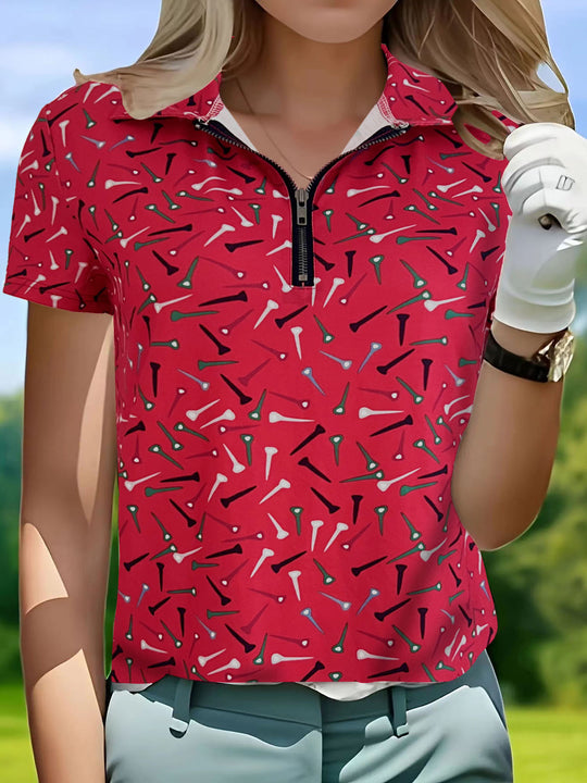 Damen Golfshirt mit modernem Muster und funktionalem Reißverschluss R&B