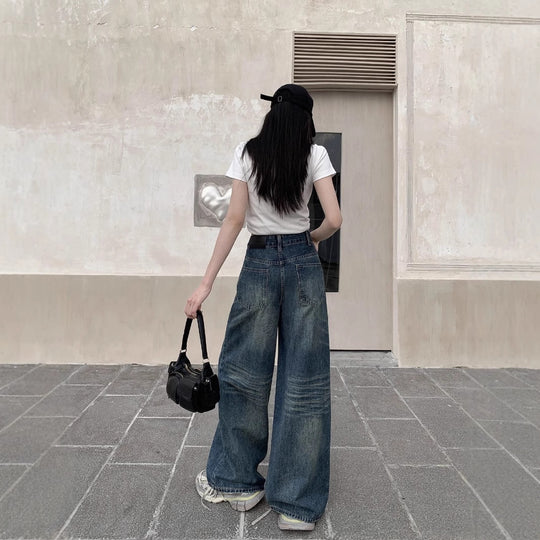 Damen Hoch geschnittene Wide-Leg Jeans mit lässigem Schnitt und einzigartiger Waschung R&B