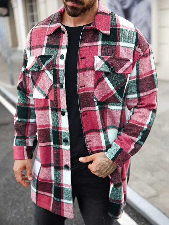 Herren nan kariertes Longline-Überhemd mit aufgesetzten Brusttaschen und Knopfleiste R&B