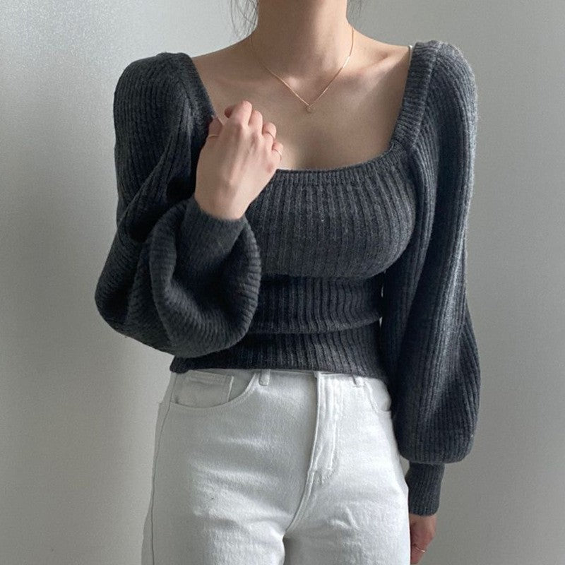 Damen Ripp-Strickpullover mit Puffärmeln R&B
