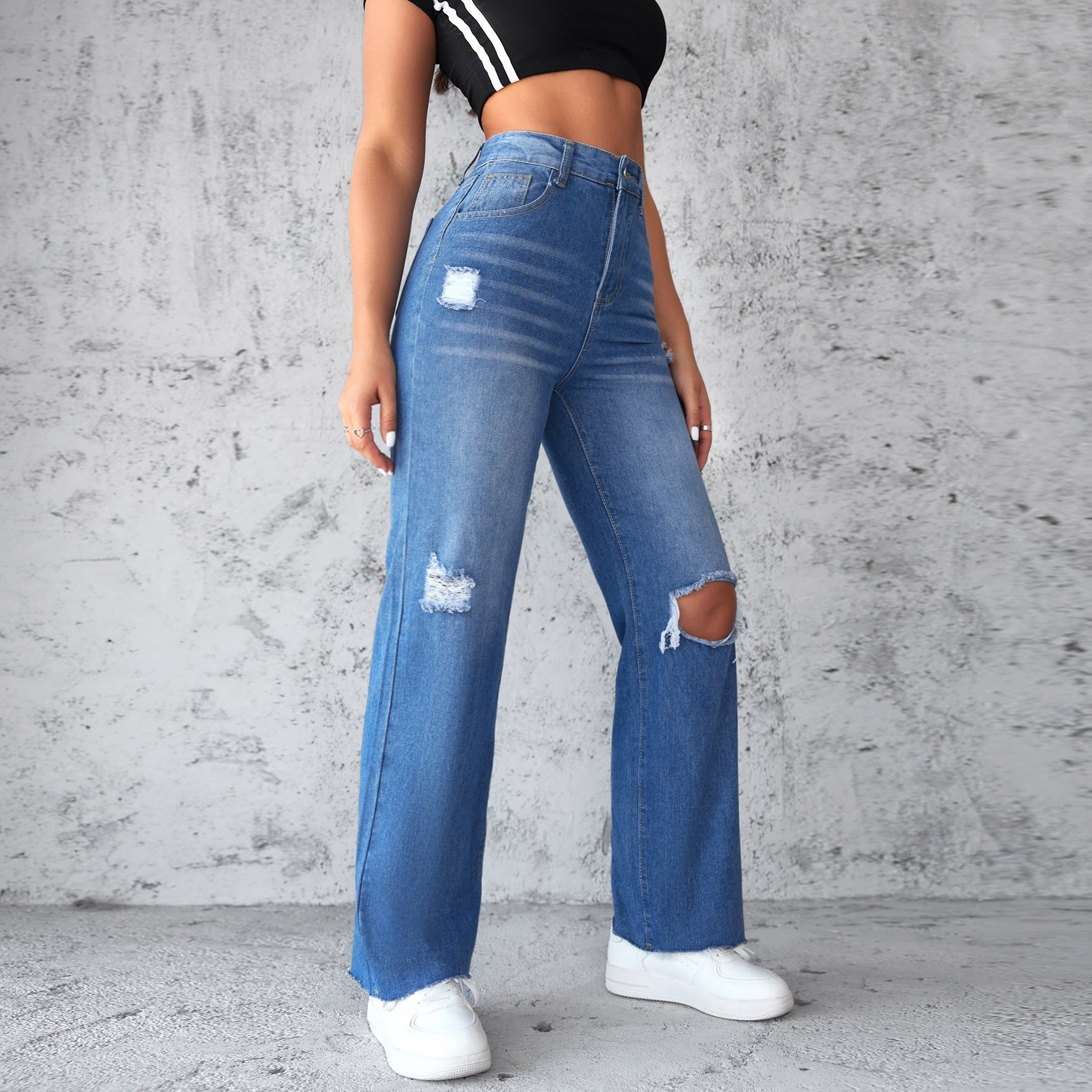 Damen Weit geschnittene Ripped Jeans mit hohem Bund R&B