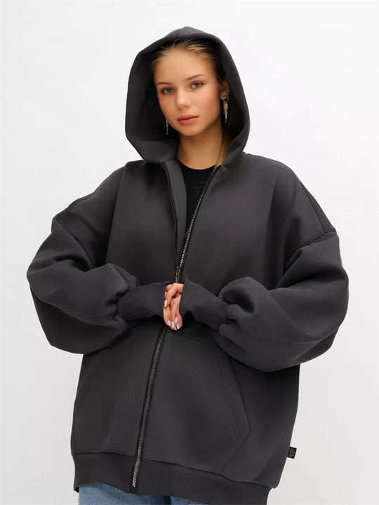 Damen lässiger Oversized Zip-Hoodie mit tiefen Taschen R&B