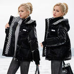 Damen modische glänzende Steppjacke mit hochschließendem Kragen und praktischen Taschen