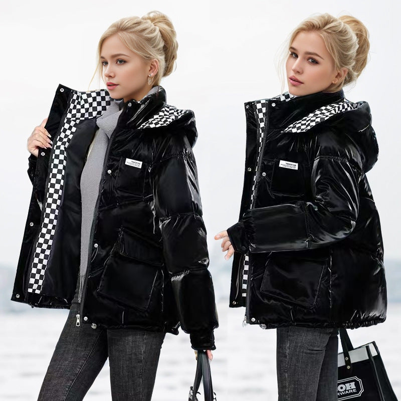Damen modische glänzende Steppjacke mit hochschließendem Kragen und praktischen Taschen
