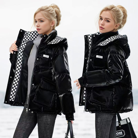 Damen modische glänzende Steppjacke mit hochschließendem Kragen und praktischen Taschen R&B