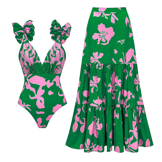 Damen Einteiler Badeanzug mit voluminösen Rüschen und floralem Design R&B