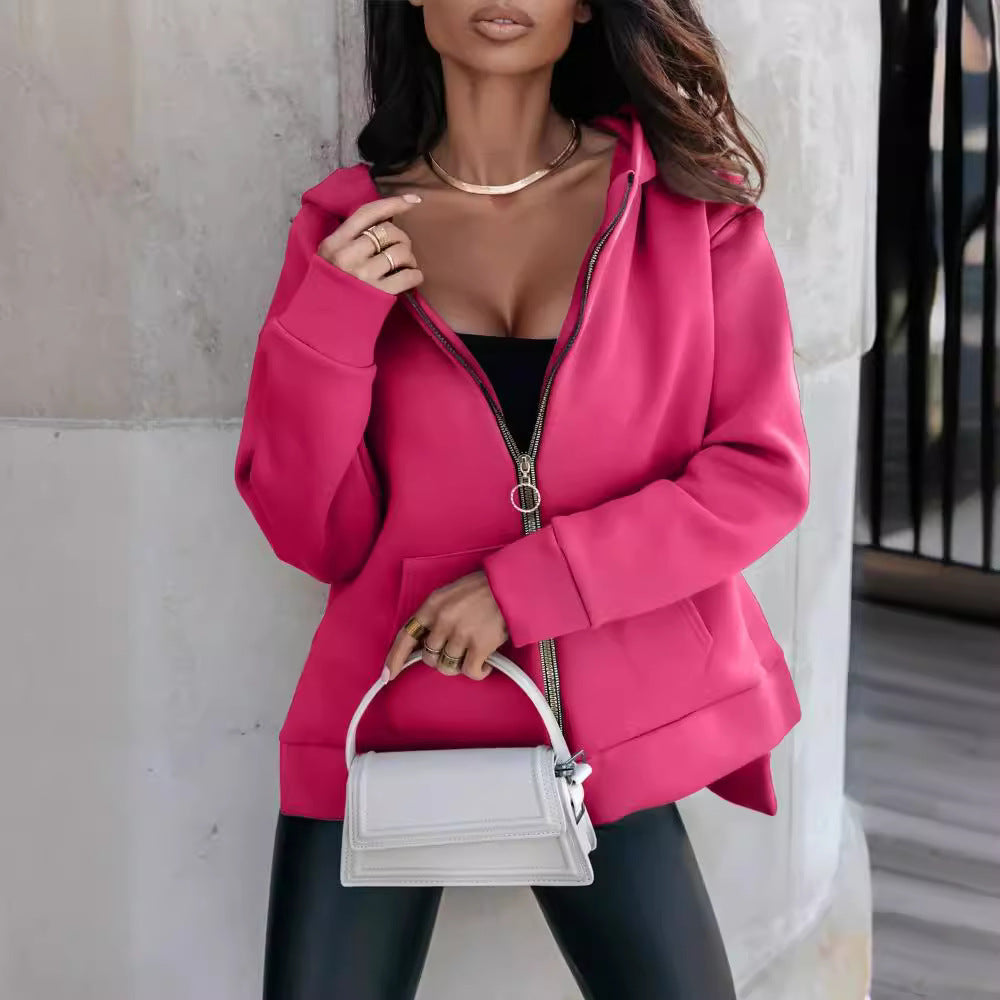 Damen Modischer Kapuzen-Zip-Hoodie mit praktischen Taschen und glänzendem Reißverschluss R&B
