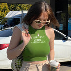Damen sportliches Crop-Top mit stylischem Schriftzug und hochgeschlossenem Design R&B