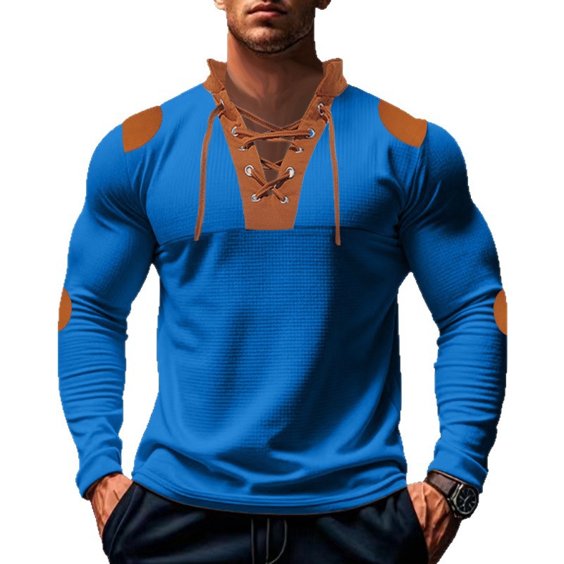 Herren lässiges Langarm-Henley-Shirt mit ausgefallenem Schnürdesign und kontrastrierenden Ellenbogen-Patches R&B