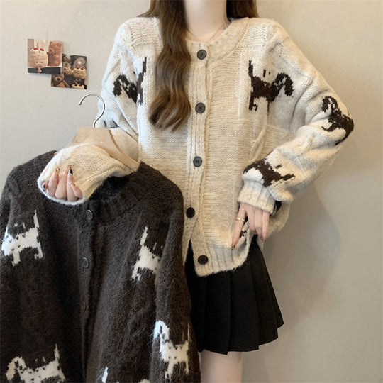 Damen Gemusterter Strickcardigan mit tierischem Motiv und bequemen Oversized-Schnitten R&B