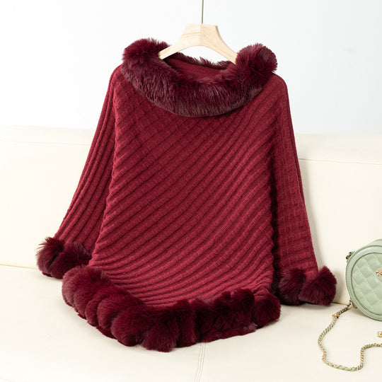 Damen kuschelige Strickdecke mit luxuriösem Kunstfellbesatz R&B