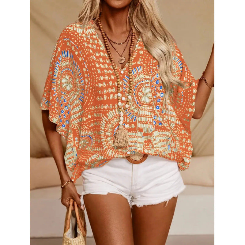 Damen Strandbluse im lässigen Boho-Stil mit bunten Mustern und voluminösen Ärmeln R&B