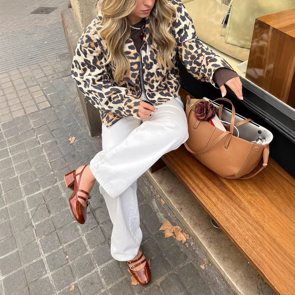 Damen Cropped Jacke im Leopardenmuster mit Druckknöpfen R&B