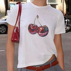 Damen T-Shirt mit kreativem Kirschmotiv und funkelndem Glitzereffekt R&B