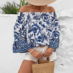 Damen Off-Shoulder Bluse mit floralen Stickereien und elastischem Bund R&B