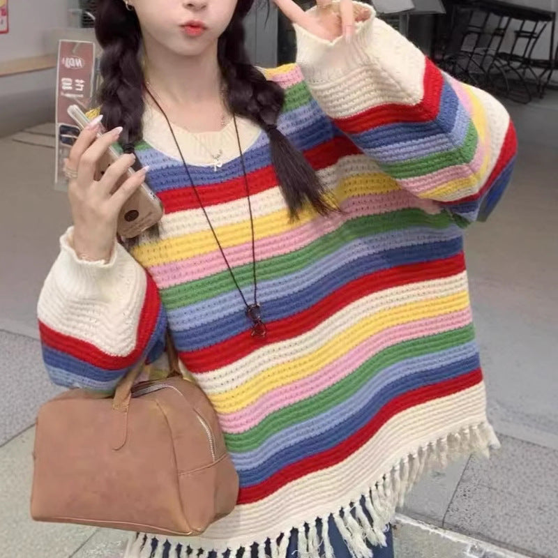 Damen Großer Strickpullover mit Fransen und buntem Streifenmuster R&B