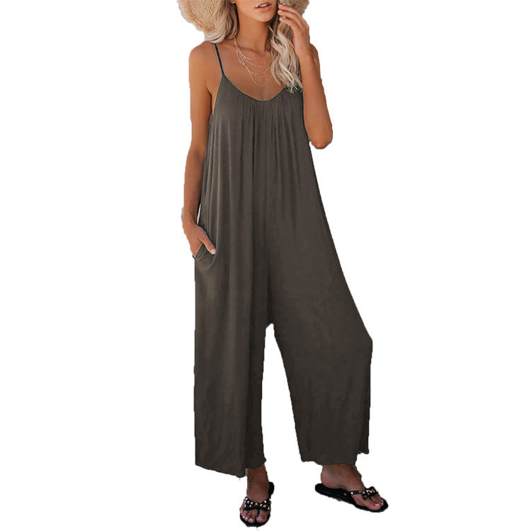 Damen Lässiger Sommer-Jumpsuit mit tiefem Ausschnitt und praktischen Taschen R&B