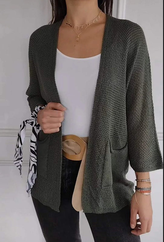 Damen lässige Strickjacke mit offener Vorderseite und praktischen Taschen R&B