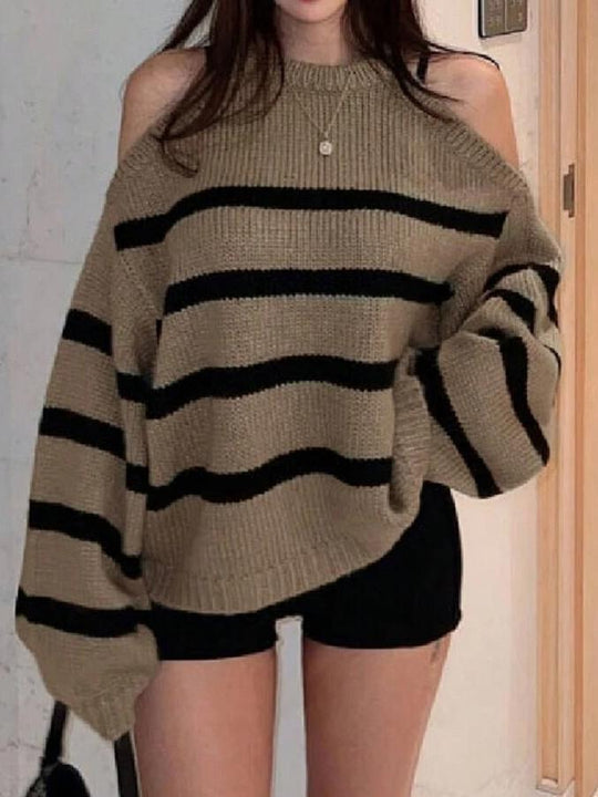 Damen Off-Shoulder Strickpullover mit breiten Streifen R&B
