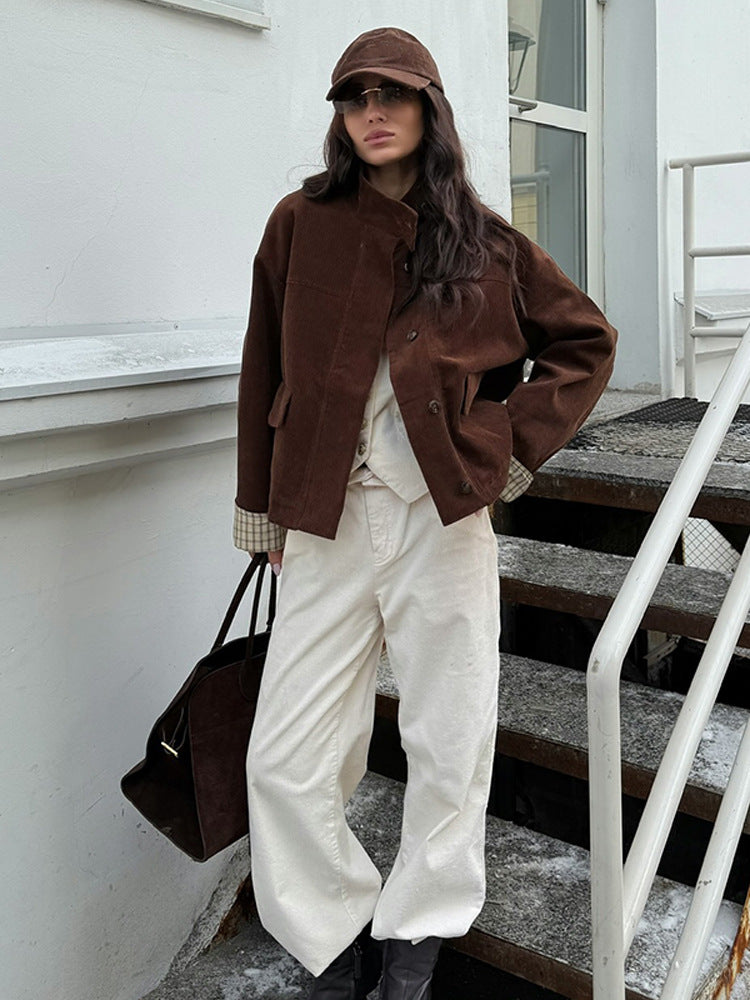 Damen lässige Cordjacke mit einzigartigem Schnitt und modischen Details R&B