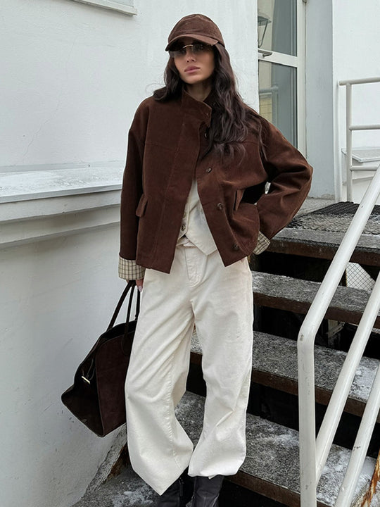 Damen lässige Cordjacke mit einzigartigem Schnitt und modischen Details R&B