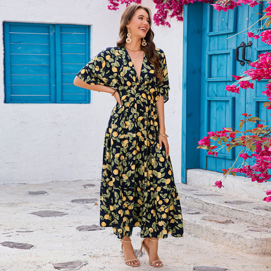 Damen Maxikleid mit elegantem V-Ausschnitt und floralen Design R&B