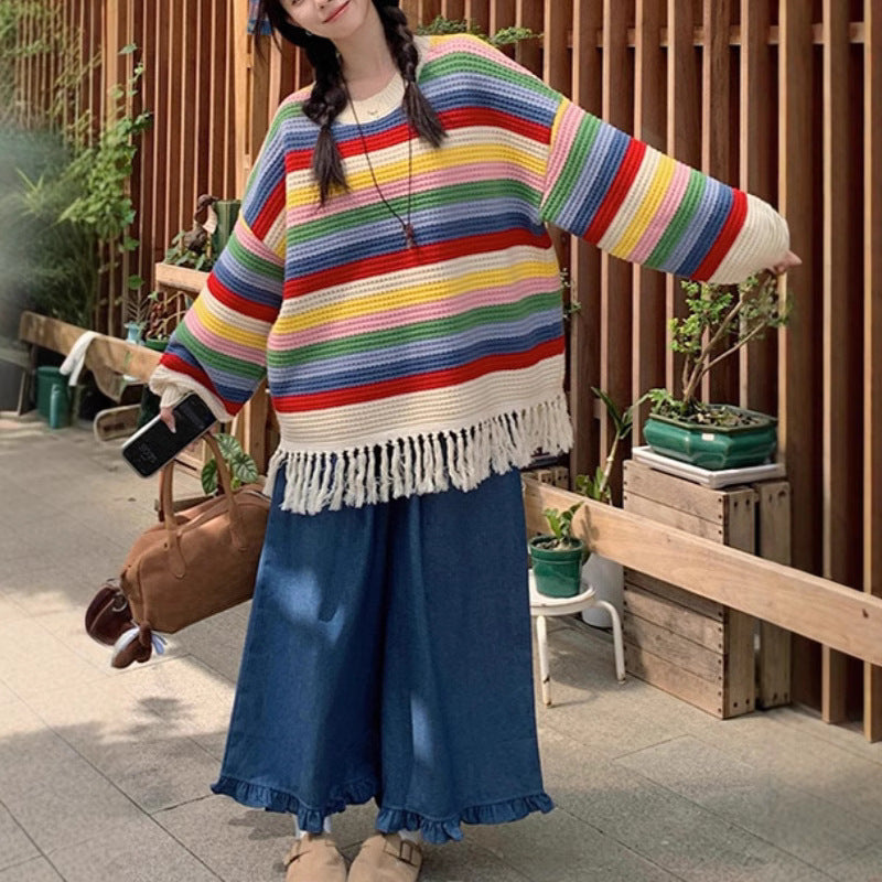 Damen Großer Strickpullover mit Fransen und buntem Streifenmuster R&B