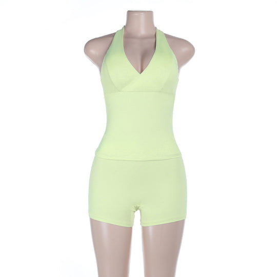 Damen sportlicher Einteiler mit tiefem V-Ausschnitt und schulterfreiem Design R&B