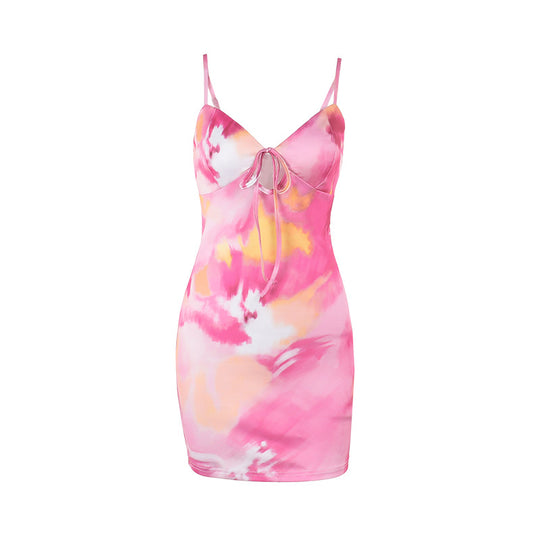 Damen figurbetontes Sommerkleid mit trägerlosem Design und verführerischem Krawattenverschluss R&B
