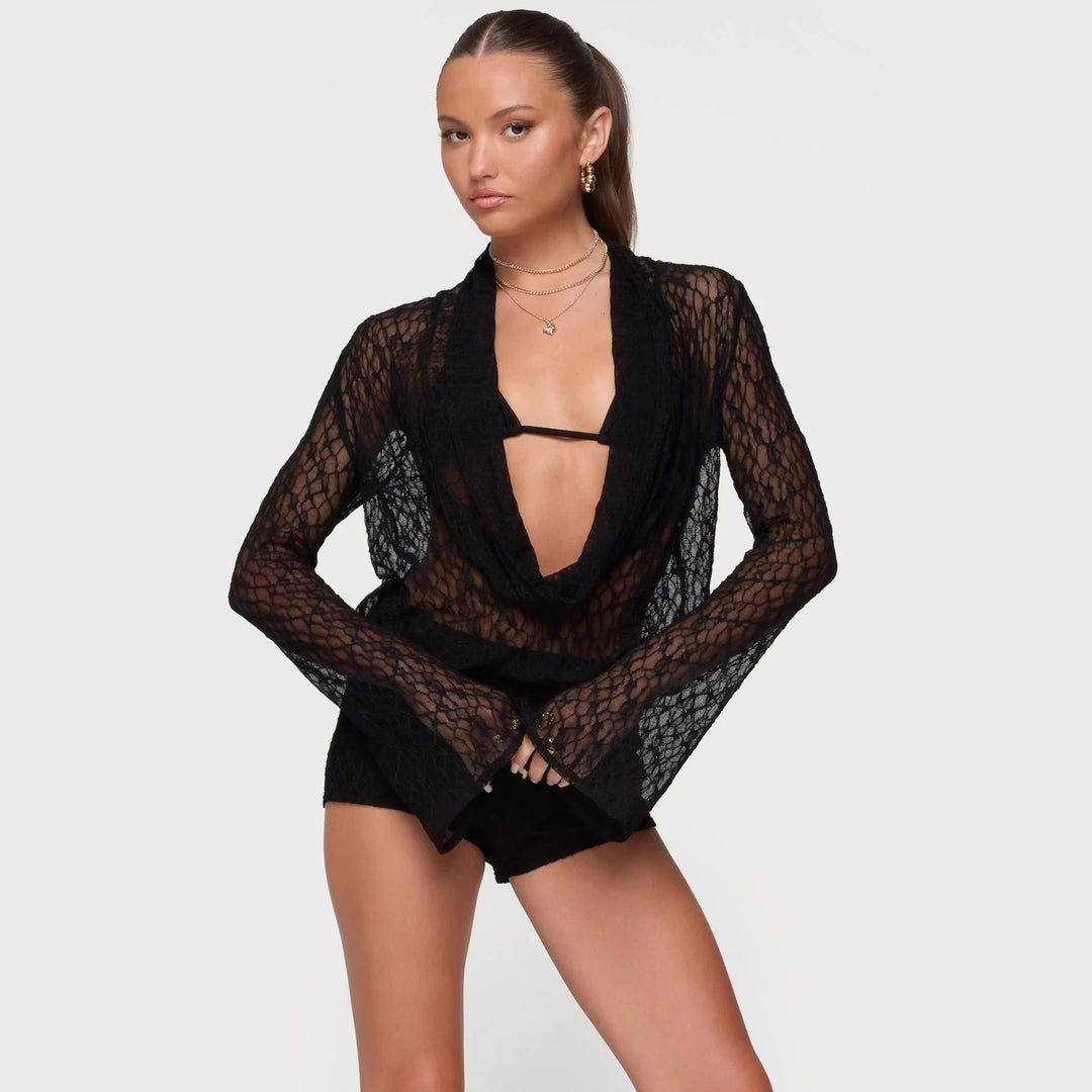 Damen Transparente Spitze Bluse mit tiefem V-Ausschnitt und weit ausgestellten Ärmeln R&B
