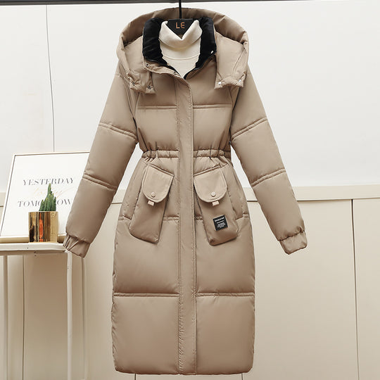 Damen Lange Pufferjacke mit abnehmbarer Kapuze und großen Taschen R&B