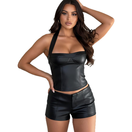 Damen Kunstleder Crop-Top mit romantischem Schnitt und verführerischem Bustier-Wirkung R&B