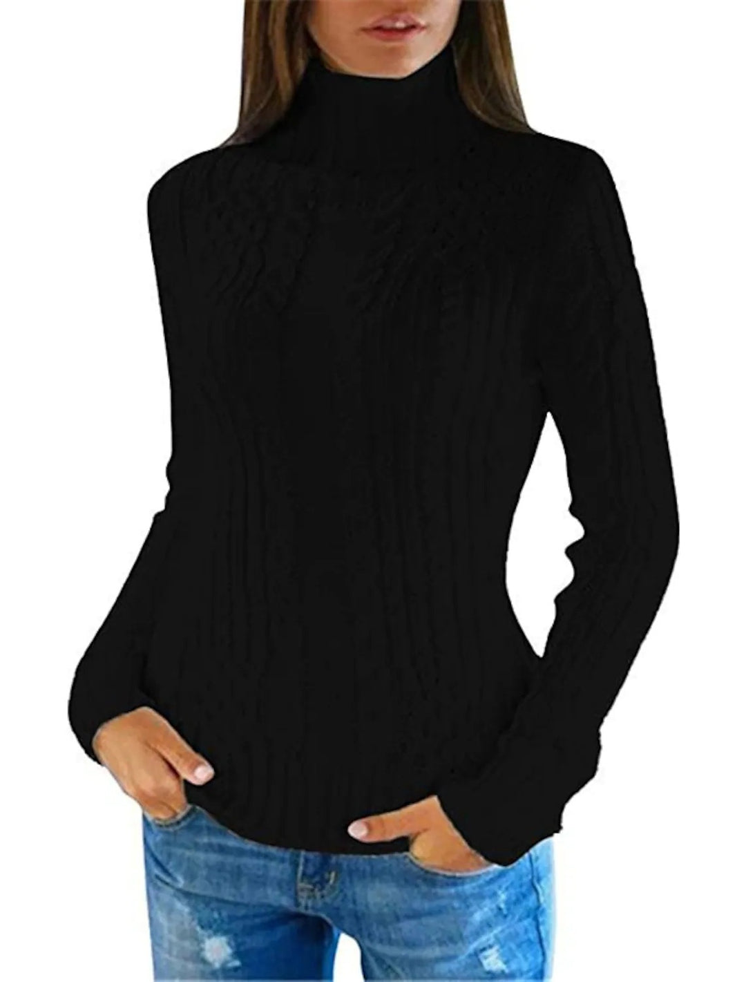Damen Hochwertiger Strickpullover mit Stehkragen und Zopfmuster R&B