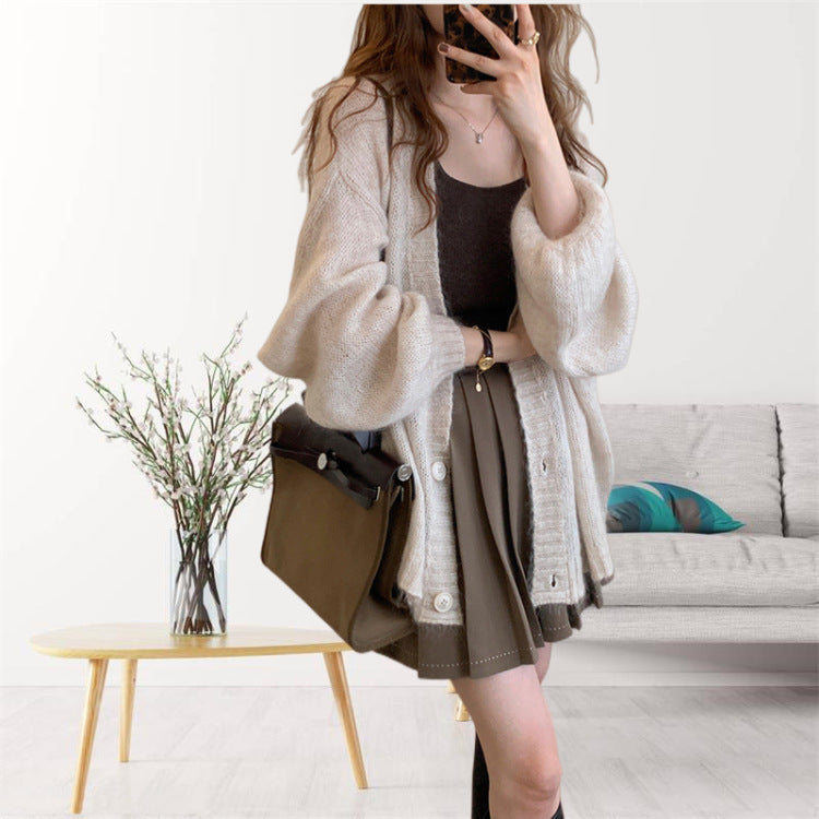 Damen gemütliche Strickjacke mit voluminösen Ärmeln R&B