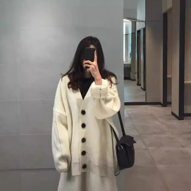 Damen lässige Strickjacke mit übergroßem Schnitt und großen Knöpfen R&B
