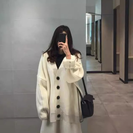 Damen lässige Strickjacke mit übergroßem Schnitt und großen Knöpfen R&B