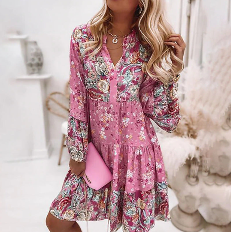 Damen nan leichtes Babydoll-Stufenkleid mit V-Ausschnitt, geraffter Passe und Elastikmanschetten R&B