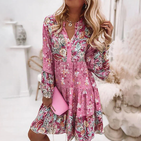 Damen nan kurzes Stufenkleid im Boho-Print mit V-Ausschnitt, geraffter Brustpasse und Balloonärmeln R&B