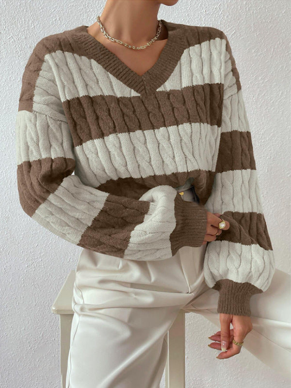 Damen V-Ausschnitt Strickpullover mit Rippstruktur und langen Ärmeln R&B