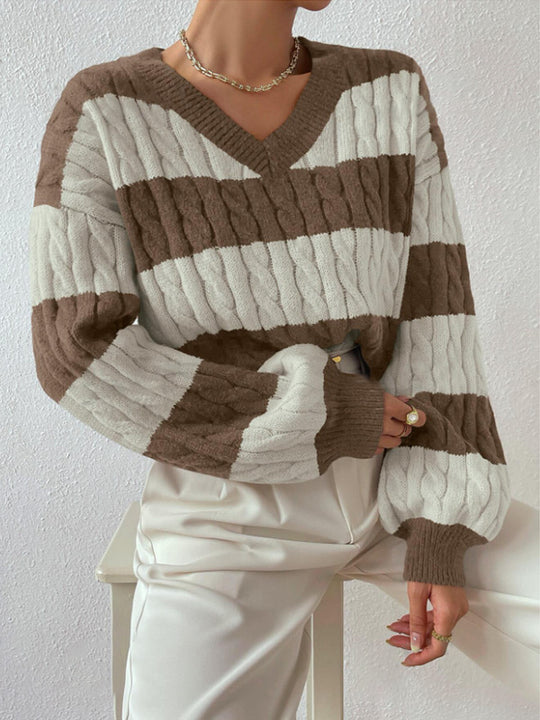 Damen V-Ausschnitt Strickpullover mit Rippstruktur und langen Ärmeln R&B