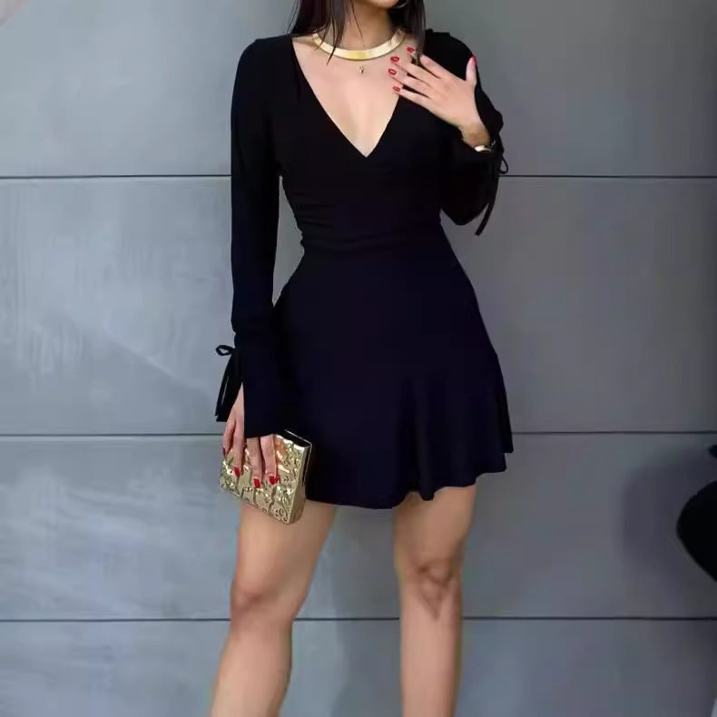 Damen Wickelkleid mit langen Ärmeln und dekorativen Knoten R&B