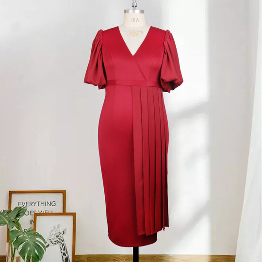 Damen elegantes Faltenkleid mit V-Ausschnitt und voluminösen Ärmeln R&B