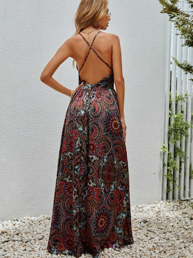Damen Maxikleid mit tiefem V-Ausschnitt und floralem Muster R&B