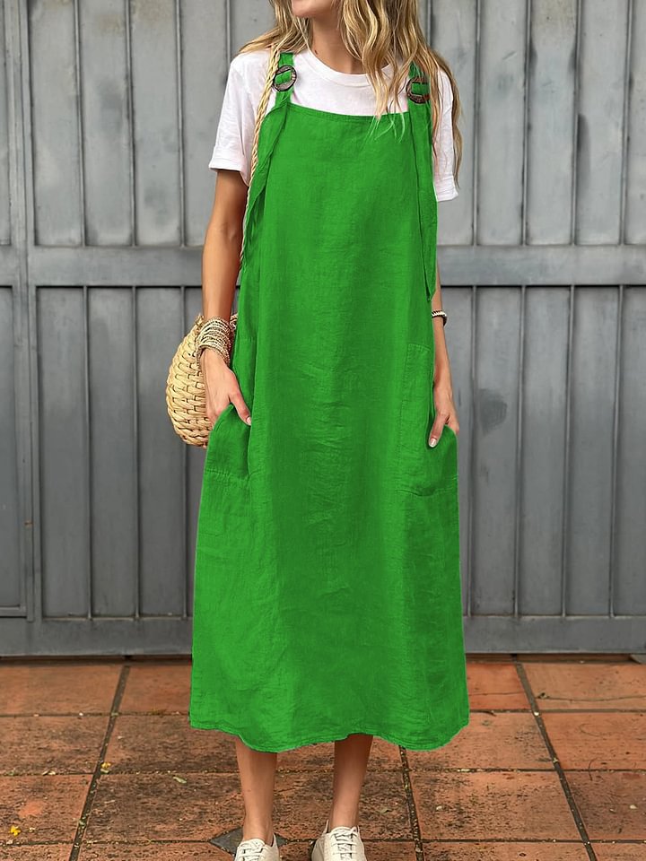 Damen lässiges Leinenkleid mit praktischen Taschen und verstellbaren Trägern R&B