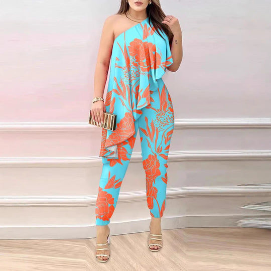 Damen Elegantes Einteiler-Outfit mit asymmetrischem Schnitt und floralen Akzenten R&B