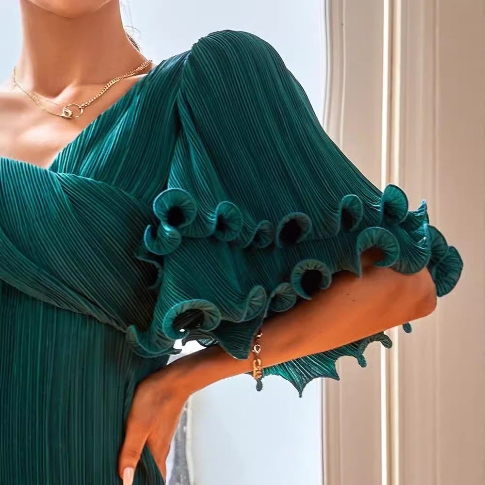 Damen Plisseekleid mit voluminösen Rüscheärmeln R&B