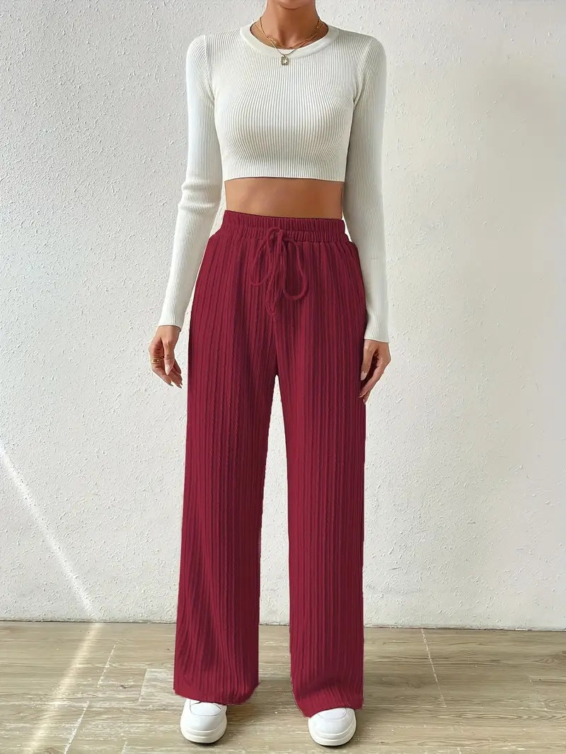 Damen Palazzo-Hose mit vertikalem Kordeldesign und elastischem Bund R&B