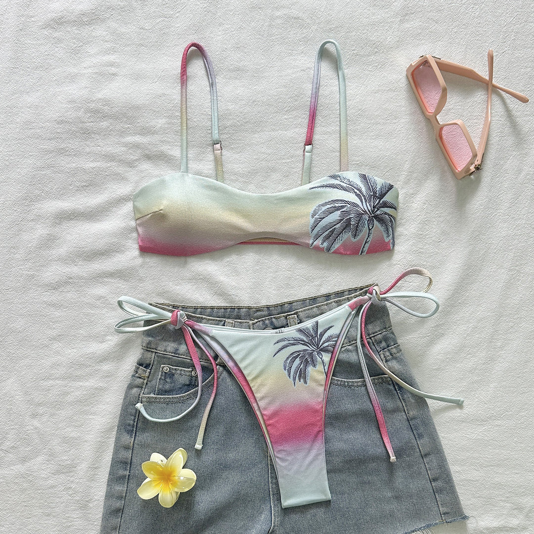Damen Triangel-Bikini mit Palmenmotiv und verstellbaren Trägern R&B
