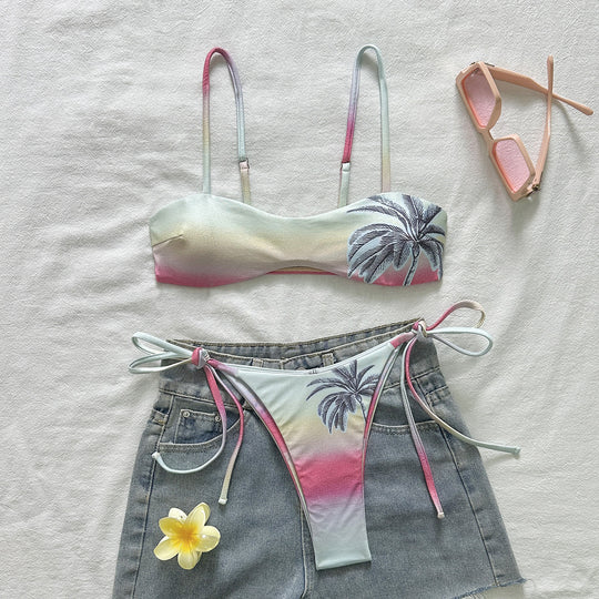 Damen Triangel-Bikini mit Palmenmotiv und verstellbaren Trägern R&B