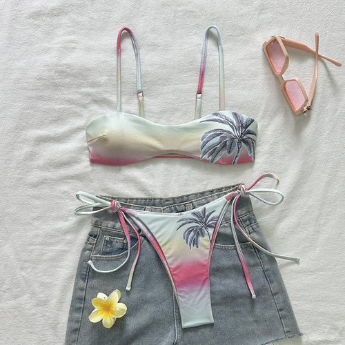Damen Triangel-Bikini mit Palmenmotiv und verstellbaren Trägern R&B